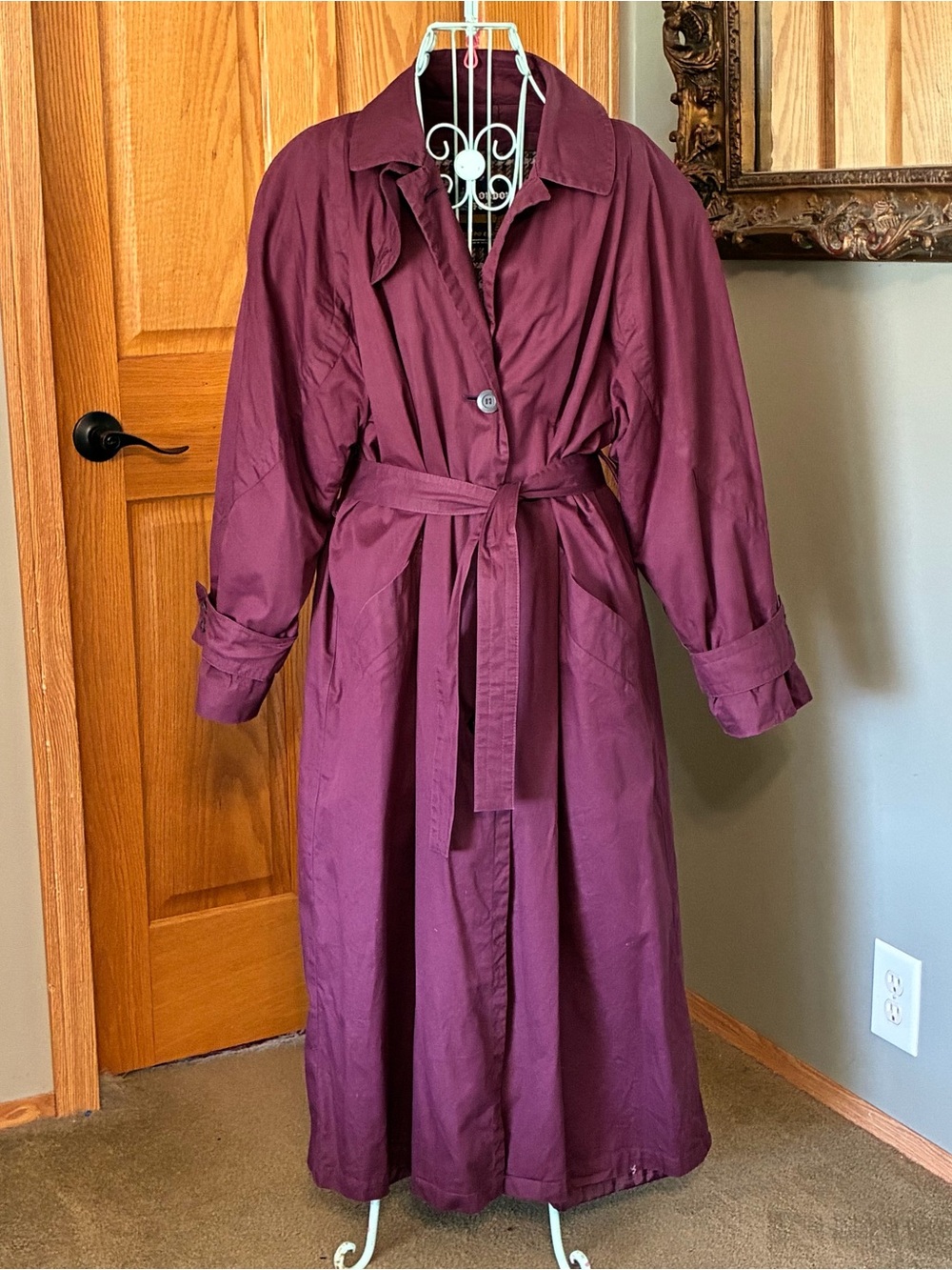 VTG London Fog Long Trench Coat Womens 12 Reg Maroon Belted Removable Liner Warm